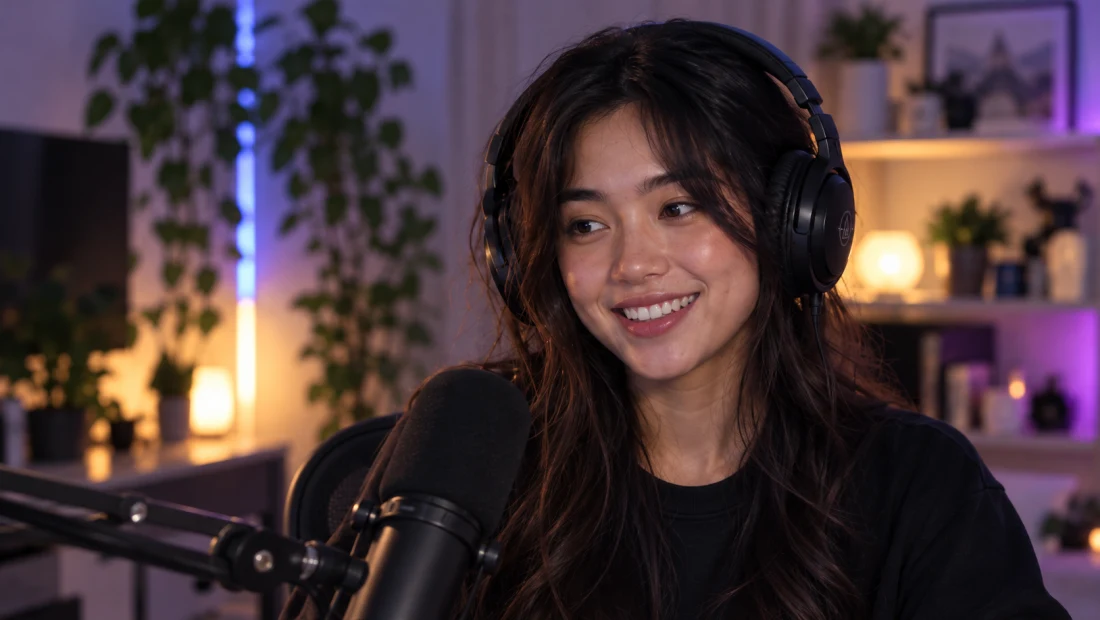 Illustrative creator broadcast with a friendly streamer at their microphone