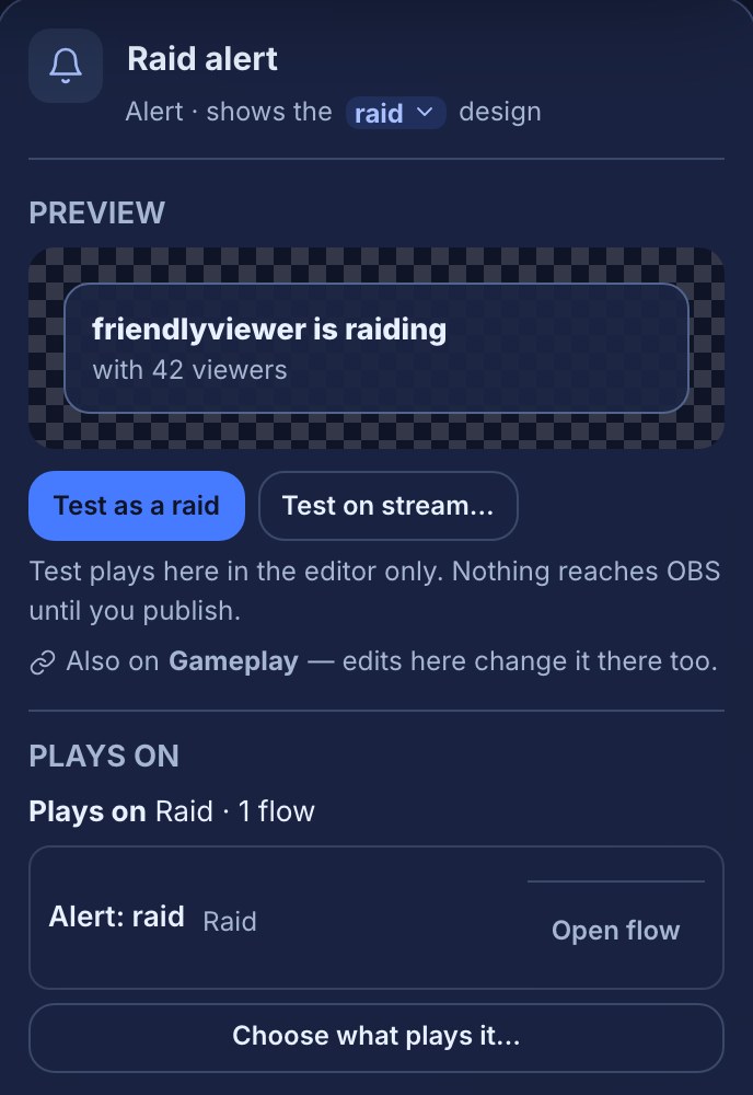 The settings panel for a selected Raid alert: “Alert · shows the raid design” with the design name as a menu; a Preview of the card reading “friendlyviewer is raiding, with 42 viewers”; the Test as a raid and Test on stream… buttons with the line “Test plays here in the editor only. Nothing reaches OBS until you publish.”; “Also on Gameplay — edits here change it there too.”; and Plays on reading “Plays on Raid · 1 flow” with the flow Alert: raid, its Open flow link and a Choose what plays it… button.