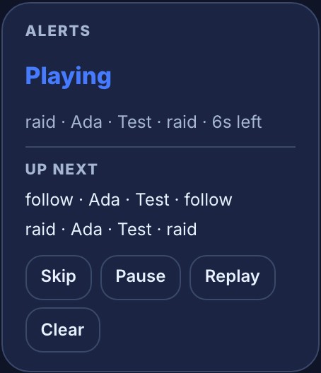 The Alerts card on the Live page: Playing, “raid · Ada · Test · raid · 6s left”, then Up next listing “follow · Ada · Test · follow” and “raid · Ada · Test · raid”, and the Skip, Pause, Replay and Clear buttons.