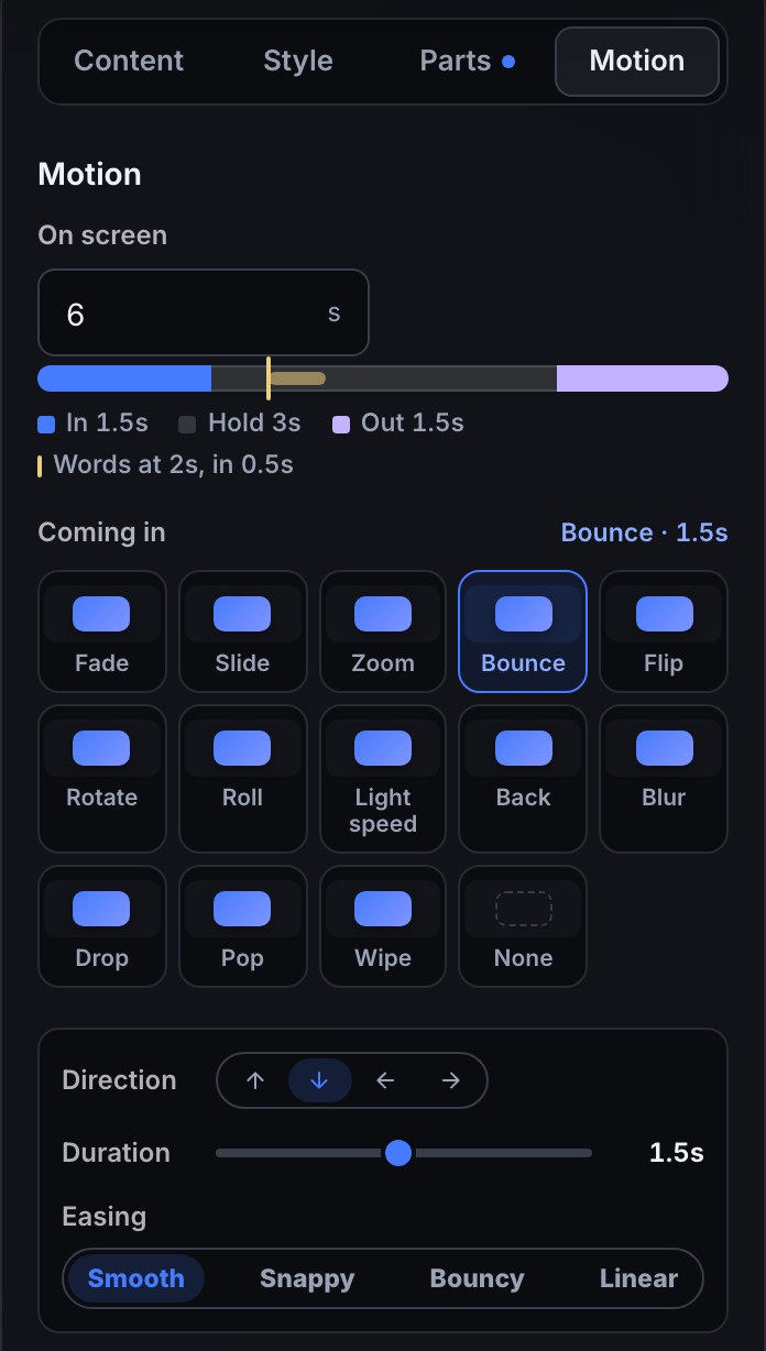 The alert inspector’s Motion tab: On screen 6 seconds above an In, Hold and Out bar (1.5 s, 3 s, 1.5 s) with words at 2 s; Coming in has Bounce chosen with direction down, duration 1.5 s and Smooth easing.