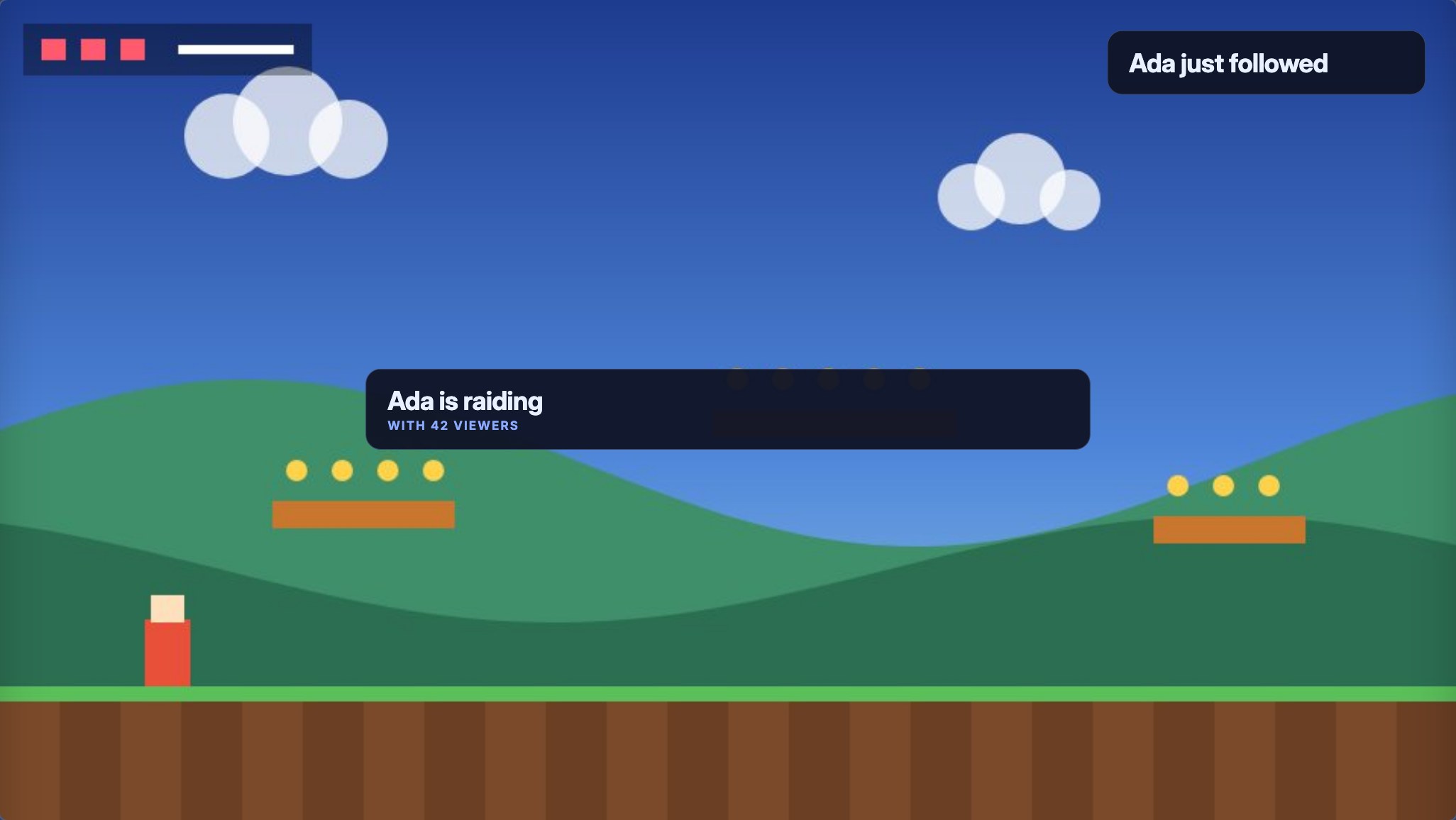 The canvas of an overlay with two alert layers playing over a sample game backdrop: a wide raid card reading “Ada is raiding” with “with 42 viewers” across the middle, and a small follow card reading “Ada just followed” in the top-right corner, each drawn inside its own layer.
