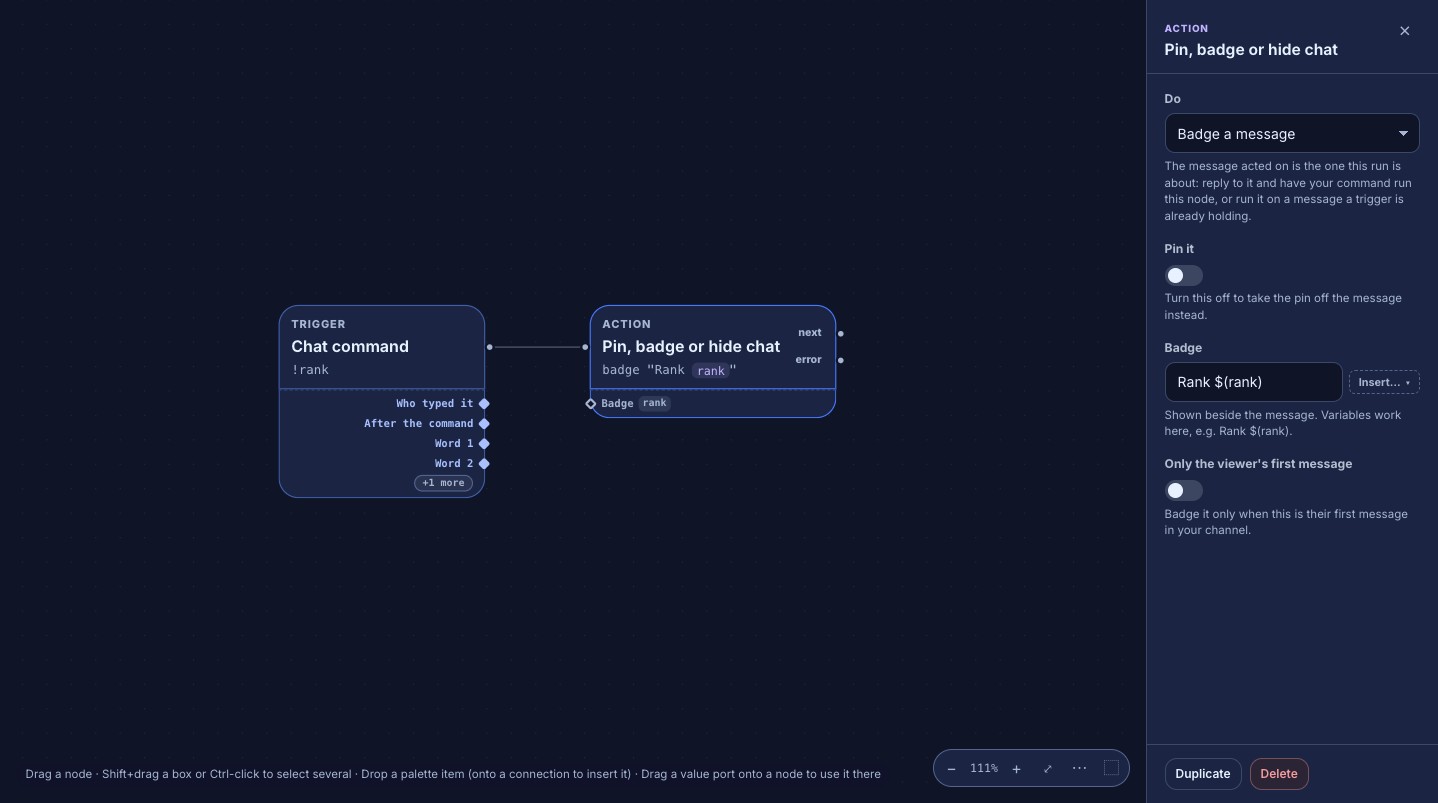 The Pin, badge or hide chat action selected on the flow canvas, with Do set to Badge a message, the Badge field reading Rank $(rank), a rank badge on the card’s Badge field, and the Only the viewer’s first message switch off.