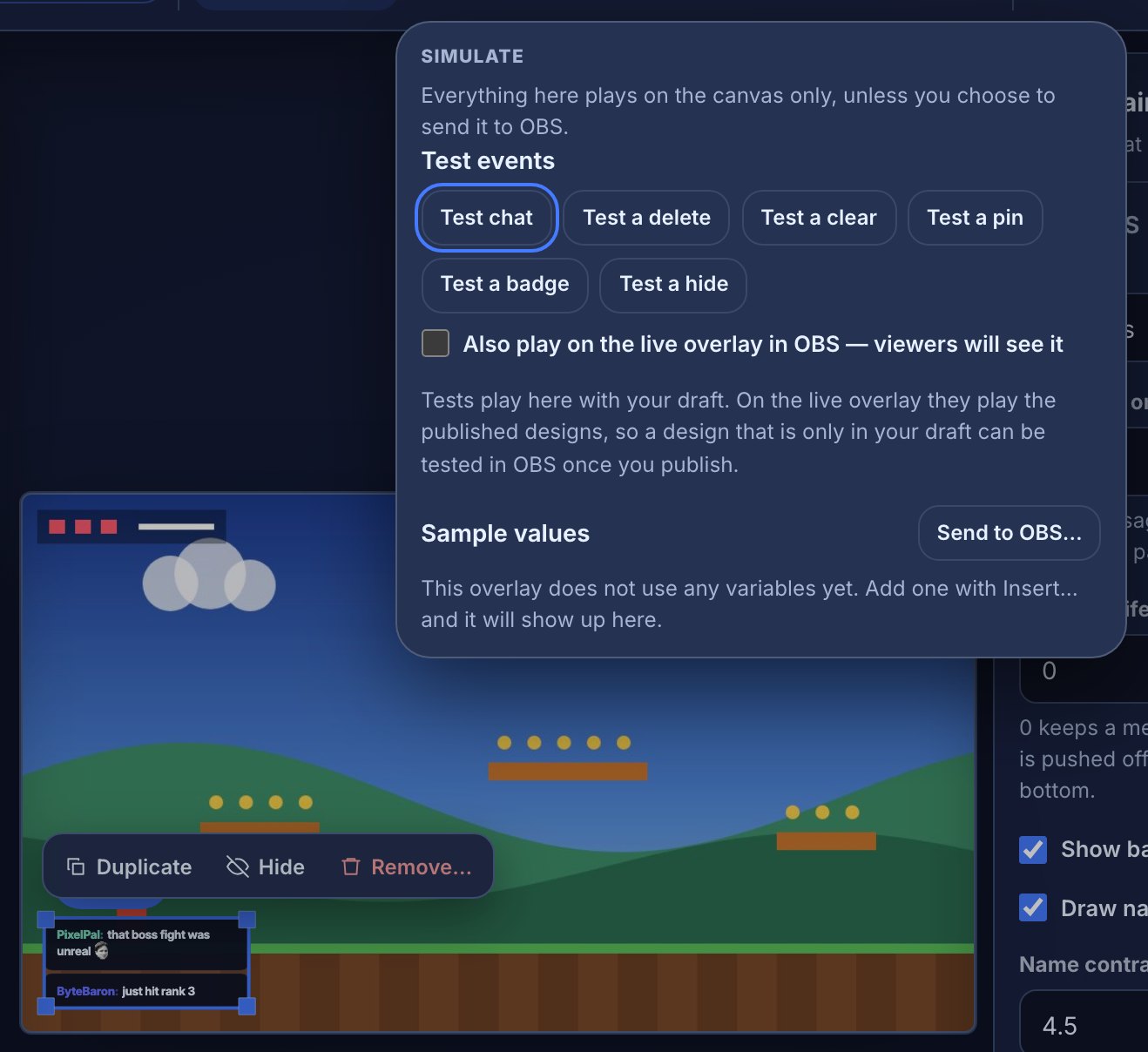 The Simulate popover open over a chat overlay’s canvas: Test events offers Test chat, Test a delete, Test a clear, Test a pin, Test a badge and Test a hide, with the “Also play on the live overlay in OBS — viewers will see it” box unticked, then Sample values with Send to OBS…; below it the canvas draws two sample messages, one badged, with the chat layer selected.