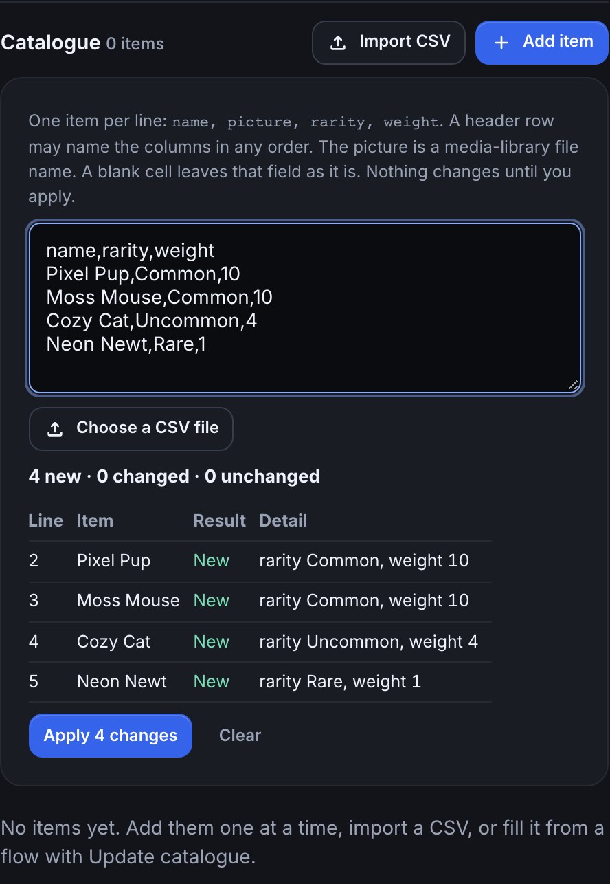 The Cards catalogue with Import CSV open: four card rows pasted, and the preview below them listing each as new with a count of what will be added before anything is applied.