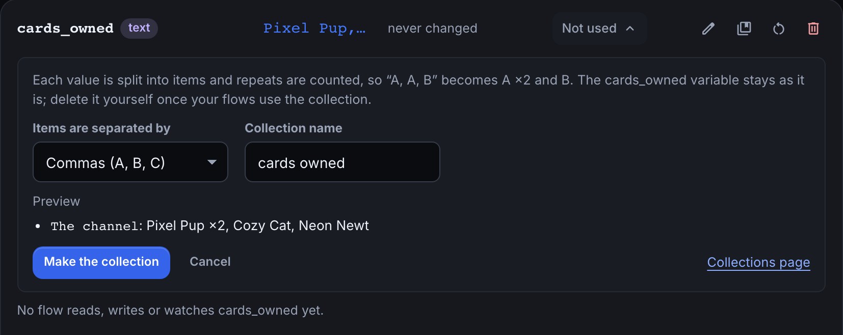 The Convert to collection form opened on a text variable called cards_owned, with commas chosen as the separator, a collection name, and a preview that splits the value into counted items.