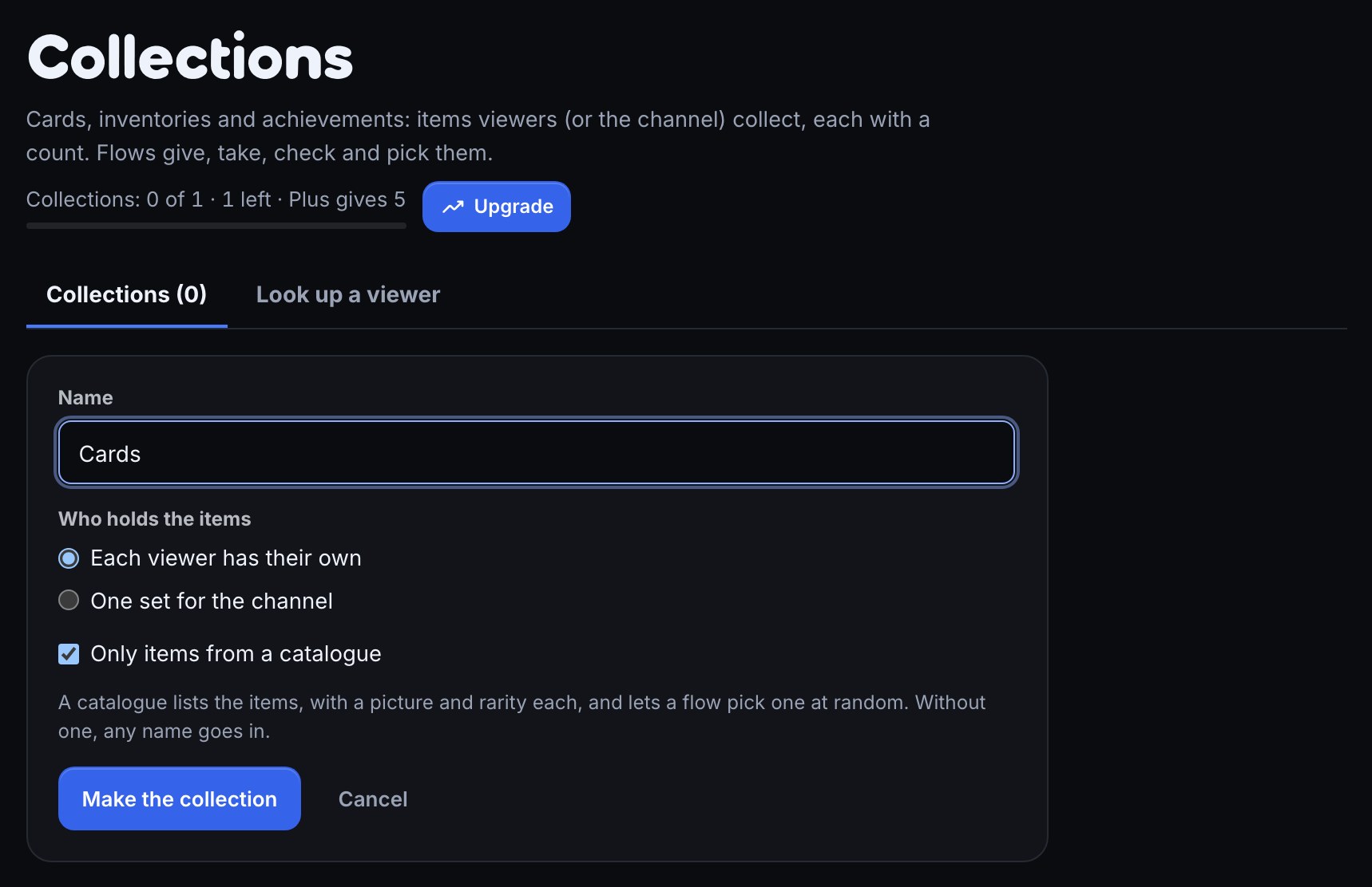 The Collections page with the New collection form filled in: the name Cards, each viewer has their own items, and only items from a catalogue ticked.