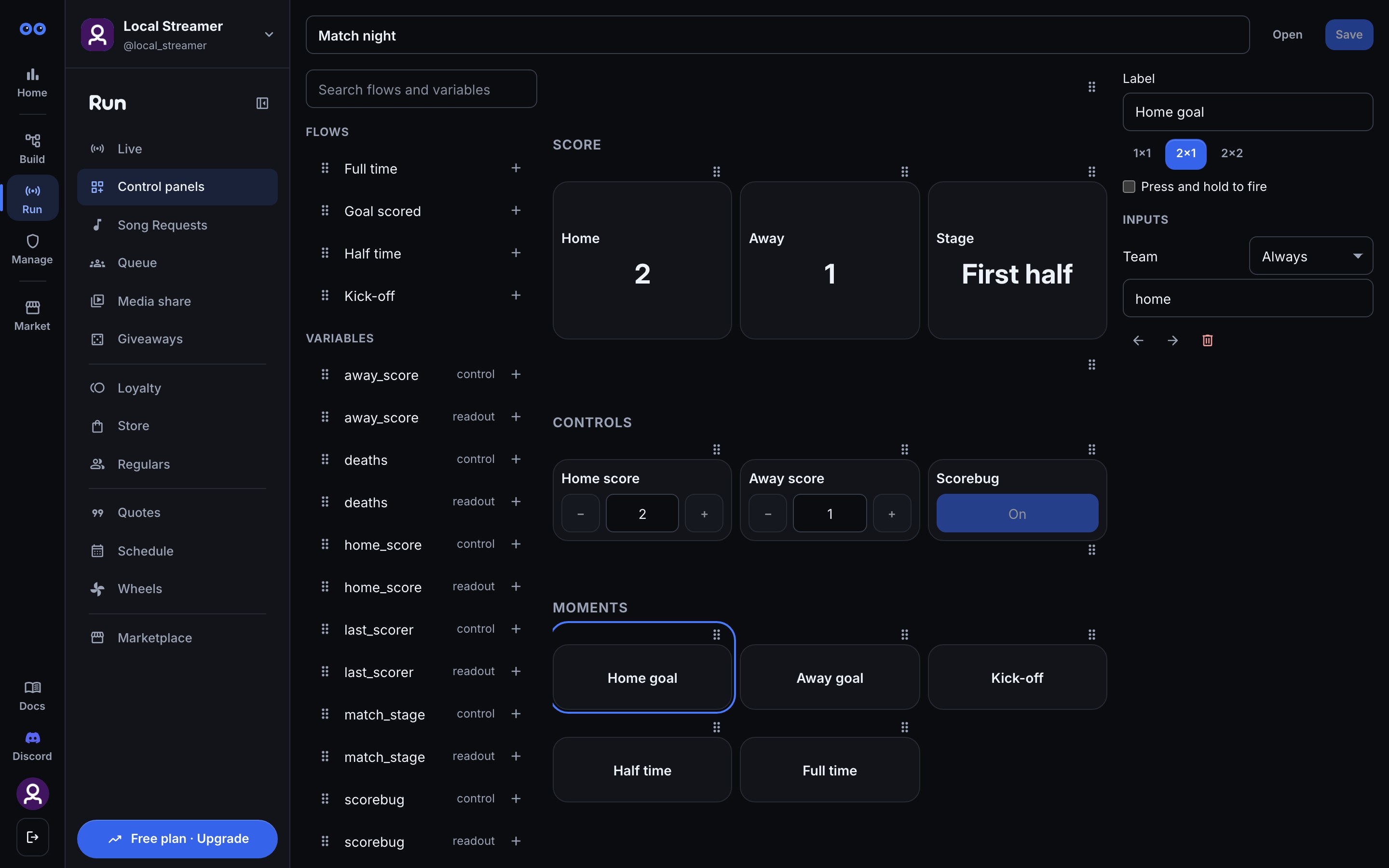 The control panel editor for a panel called Match night: the library of flows and variables on the left, the scoreboard grid in the middle, and the Home goal button selected with its Team input fixed to home on the right.