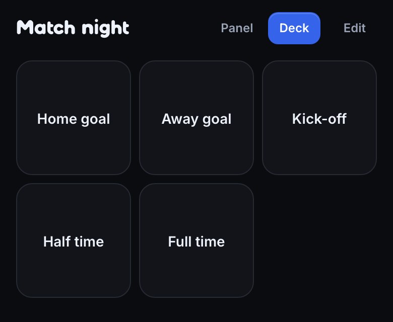The Match night panel in Deck view on a phone: five square keys for Home goal, Away goal, Kick-off, Half time and Full time.