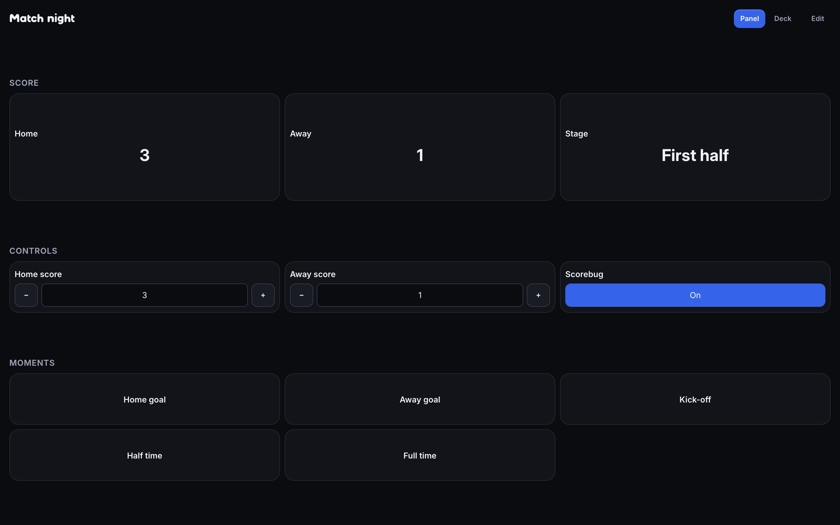 The Match night control panel in use, full screen: Home, Away and Stage readouts, number controls with minus and plus buttons, a Scorebug toggle, and the Home goal, Away goal, Kick-off, Half time and Full time buttons.
