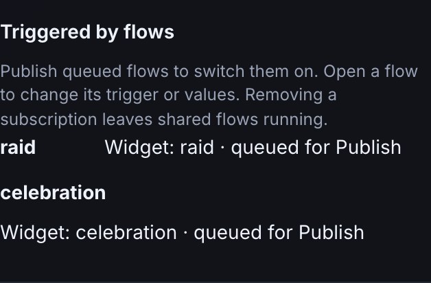 Triggered by flows in a custom graphic’s main Content panel, with raid and celebration flows queued for Publish.