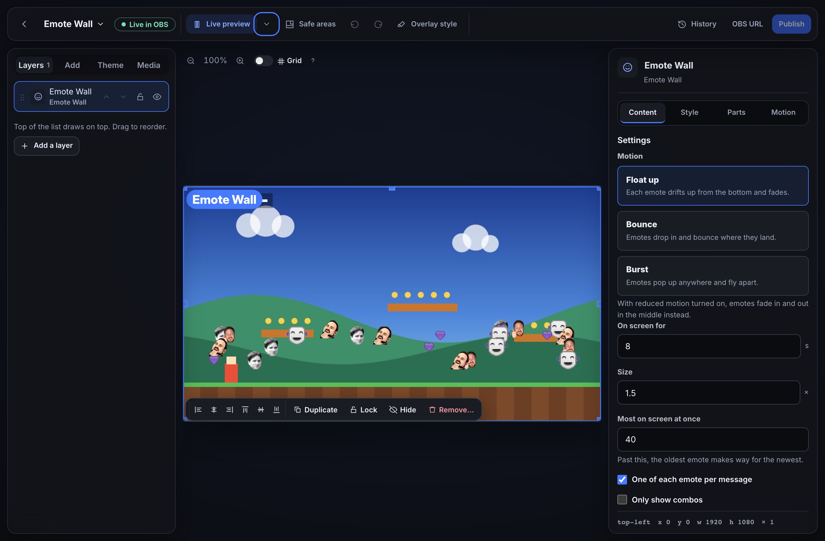 The Emote Wall layer selected in the overlay editor: Twitch emotes float up the canvas, and the Content tab shows Float up, On screen for, Size, Most on screen at once, One of each emote per message and Only show combos.