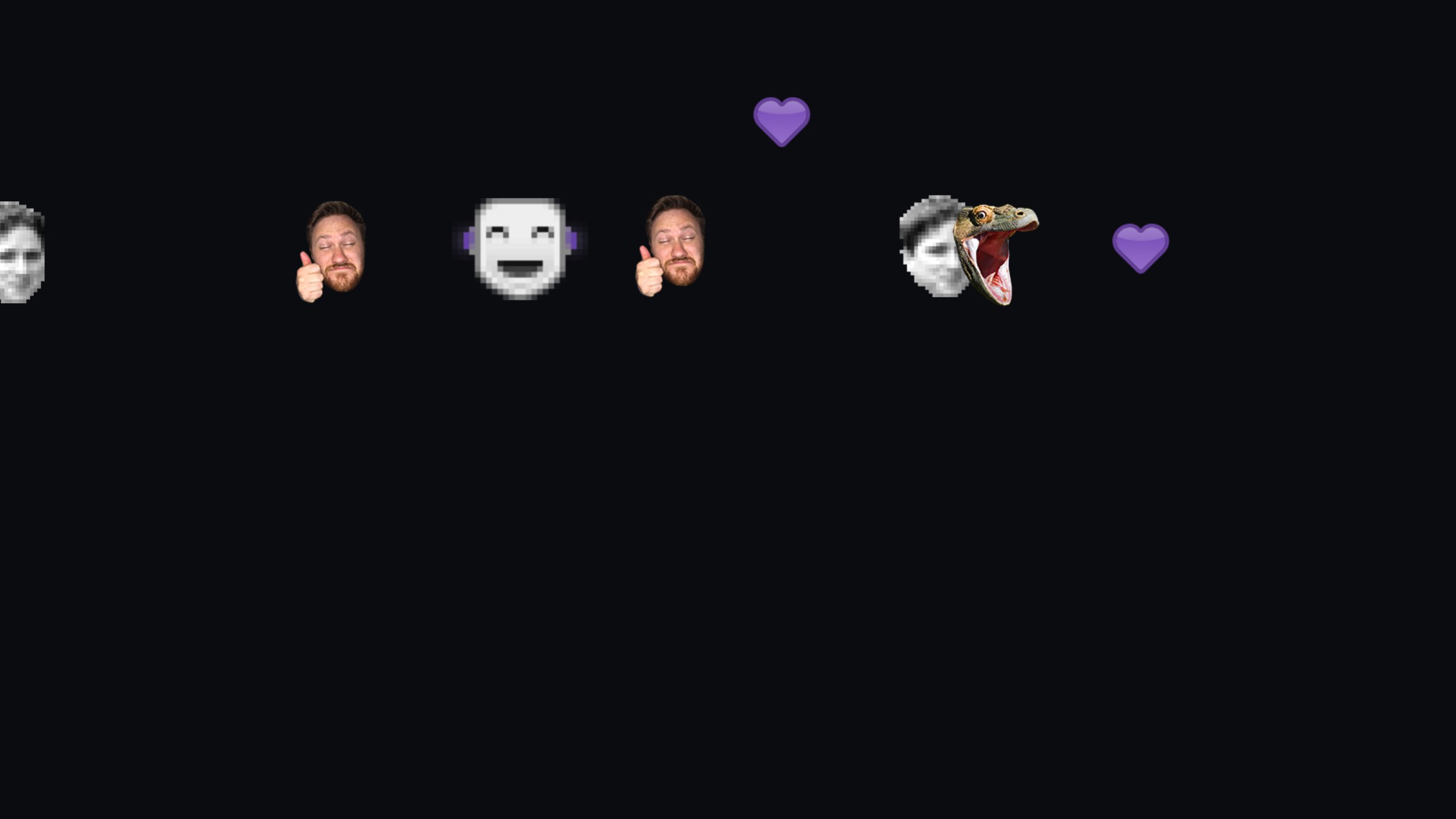 An Emote Wall as OBS shows it: Twitch emotes from chat — Kappa, SeemsGood, :D, a heart and PogChamp — floating up the screen, with no text or names.