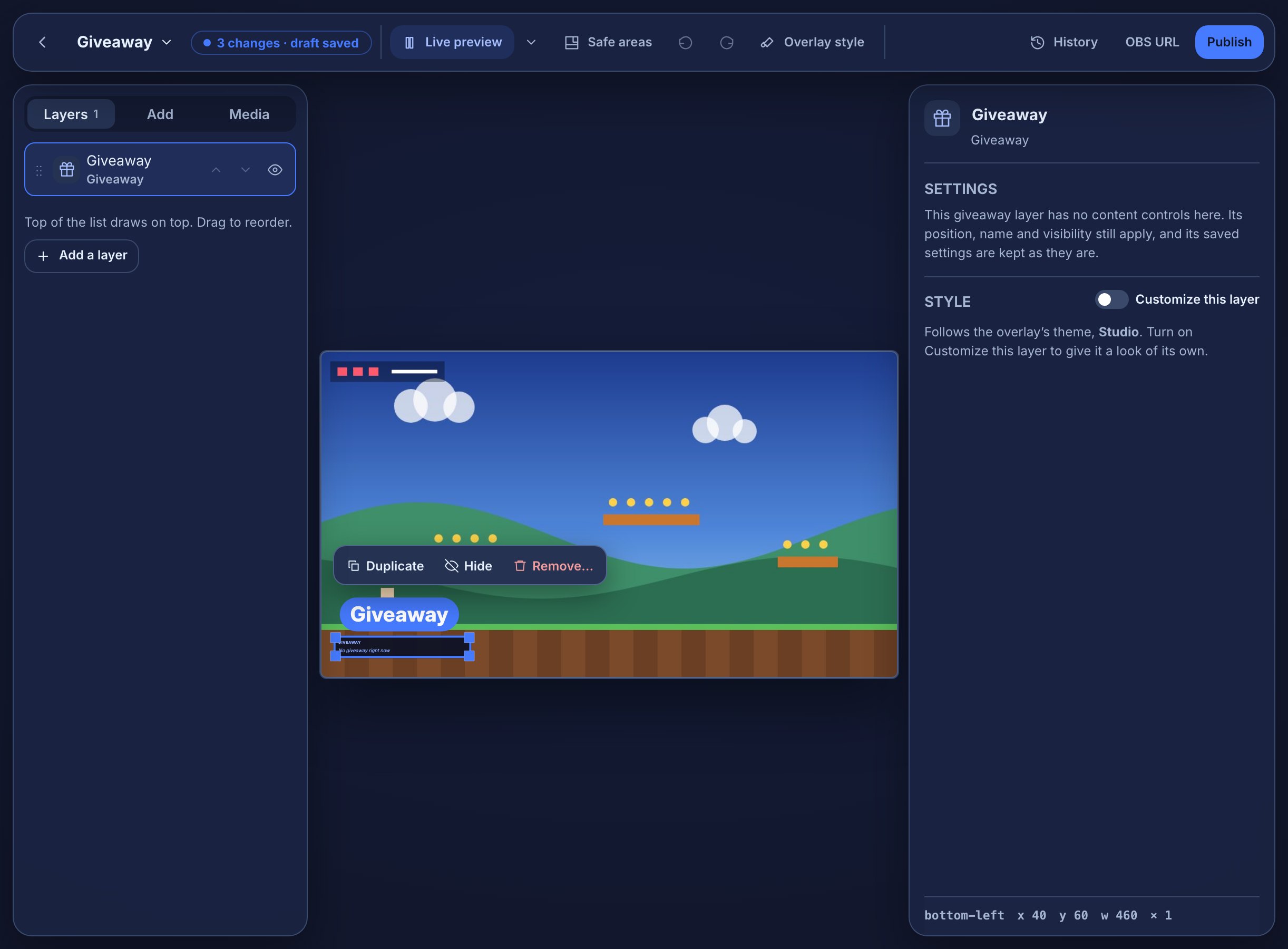 The overlay editor for an overlay called Giveaway: the Layers tab with one Giveaway layer, the panel drawn at the bottom left of the canvas and selected with its toolbar above it, and the settings panel saying the layer has no content controls here, with its Style section and its place on the canvas at the bottom.