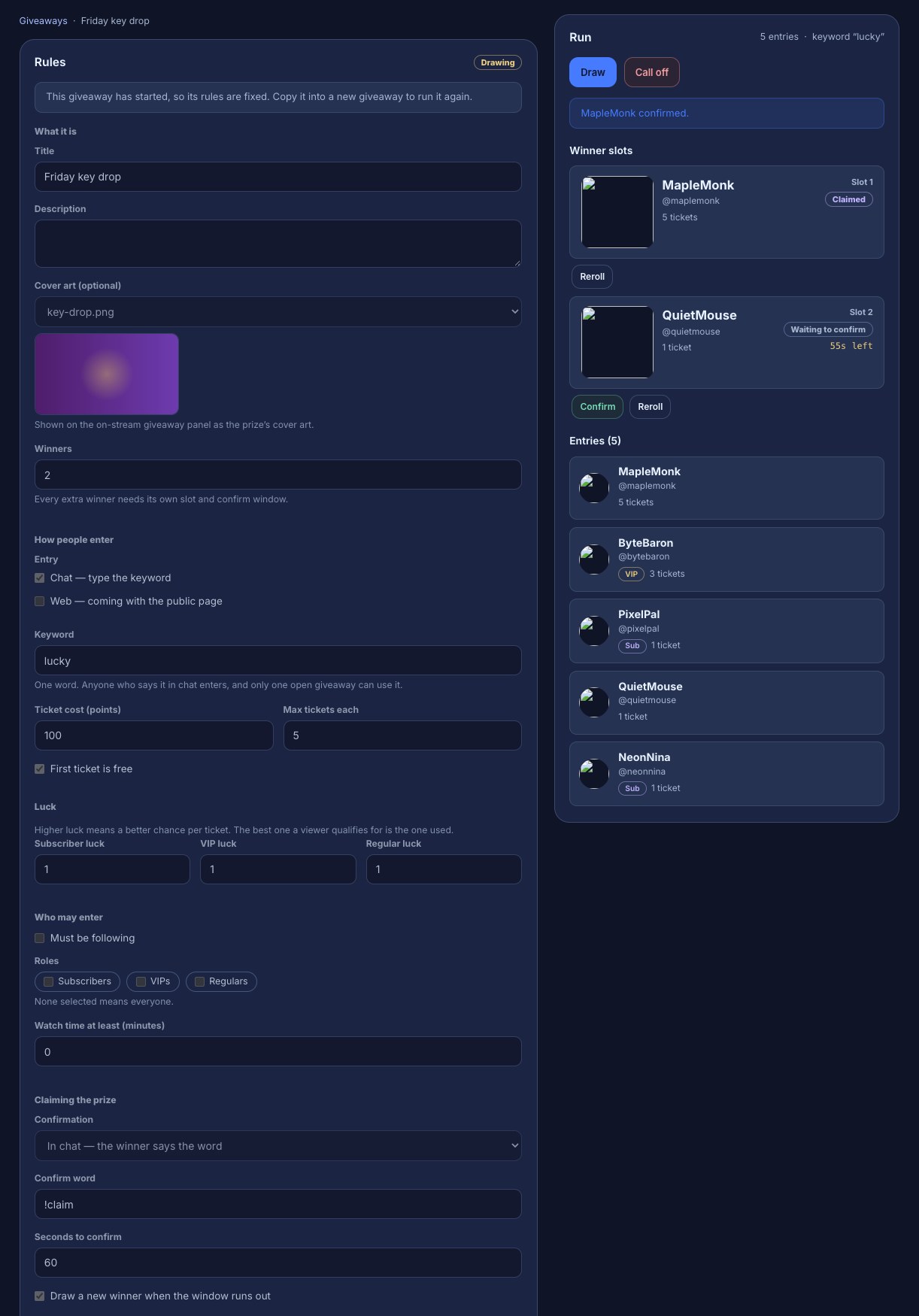 One giveaway’s page: the Rules column with Title “Friday key drop”, Cover art set to key-drop.png above its picture, Winners 2, the chat entry row, Keyword “lucky”, Ticket cost (points) 100 and Max tickets each 5, First ticket is free ticked, Must be following clear, and Claiming the prize reading In chat, !claim and 60 seconds; and the Run column with 5 entries and keyword “lucky”, a Draw and Call off button, a Slot 1 winner marked Claimed, a Slot 2 winner Waiting to confirm with 55s left, and the five entrants with their tickets and badges.