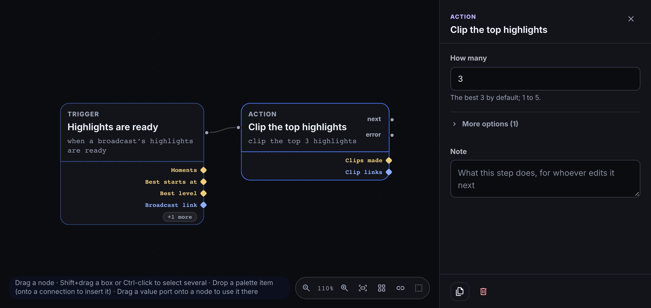 A Highlights are ready trigger connected to a Clip the top highlights step on the flow canvas. The step is selected, and its settings panel shows How many set to 3.