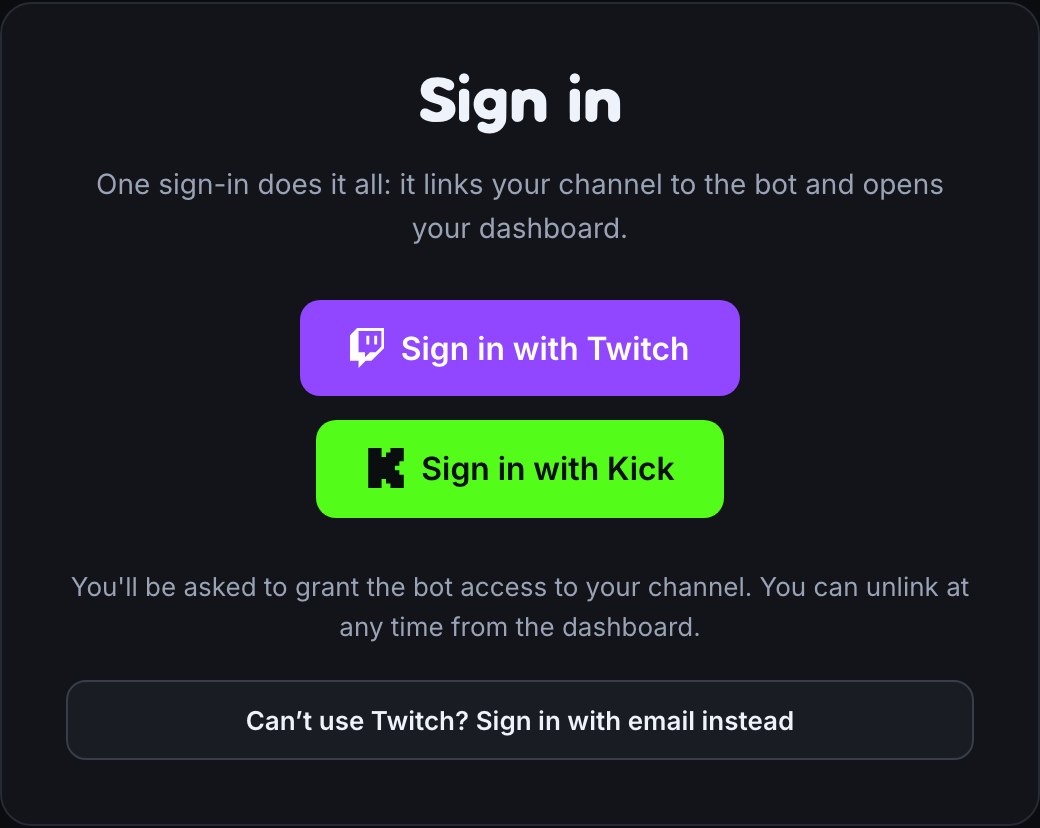 The Bloopbot sign-in card with two buttons: Sign in with Twitch and Sign in with Kick.