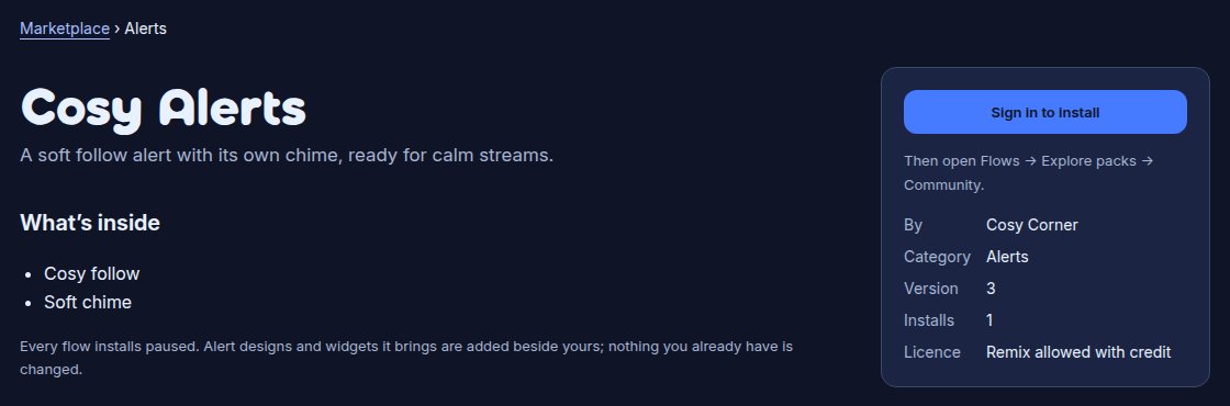 The public page for Cosy Alerts: its summary and the two flows inside, with a panel reading Sign in to install, by Cosy Corner, category Alerts, version 3, 1 install, licence Remix allowed with credit.