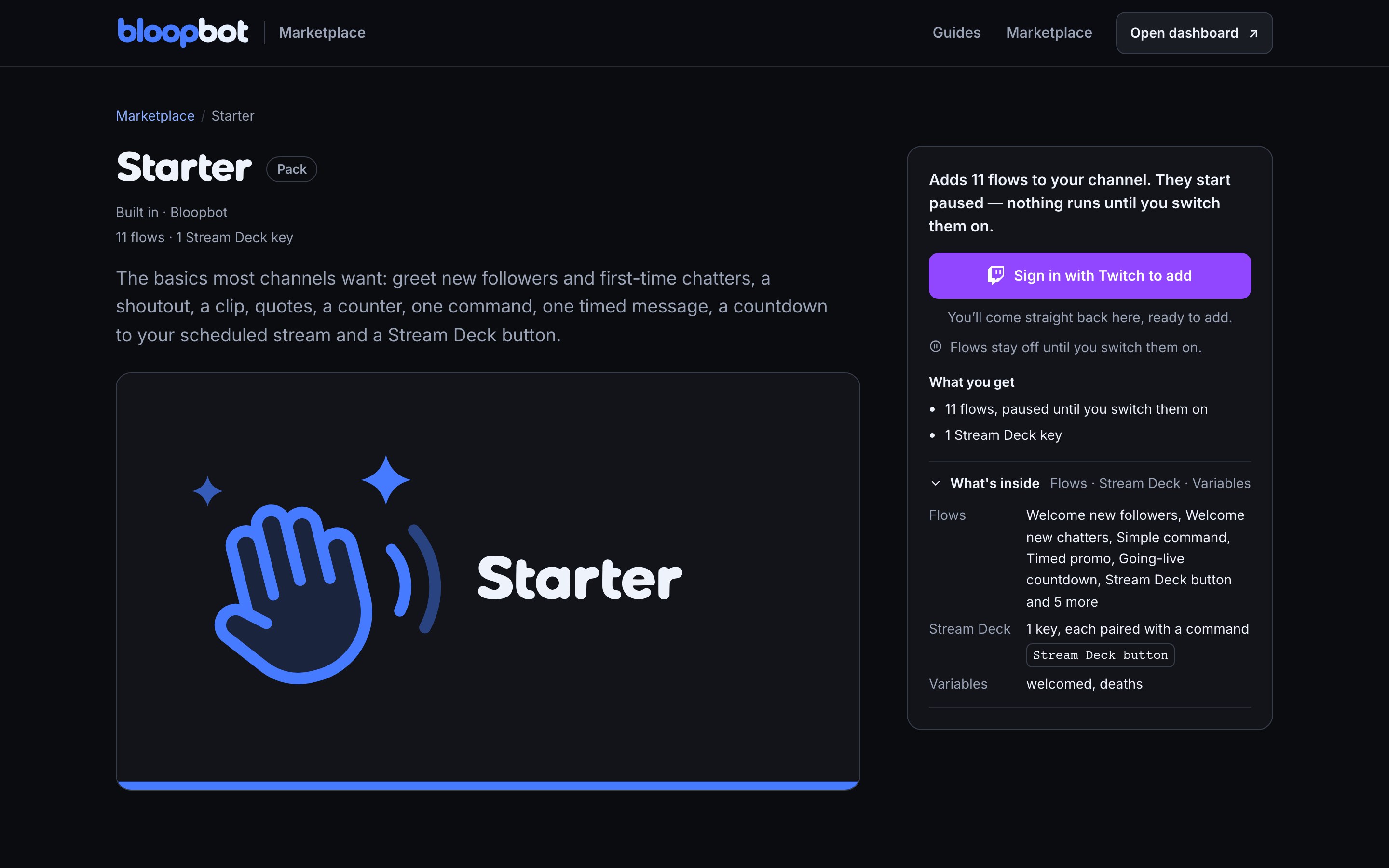 The public page for the Starter pack: its designed cover, Built in · Bloopbot, what adding it does, and a purple Sign in with Twitch to add button with You’ll come straight back here, ready to add under it.
