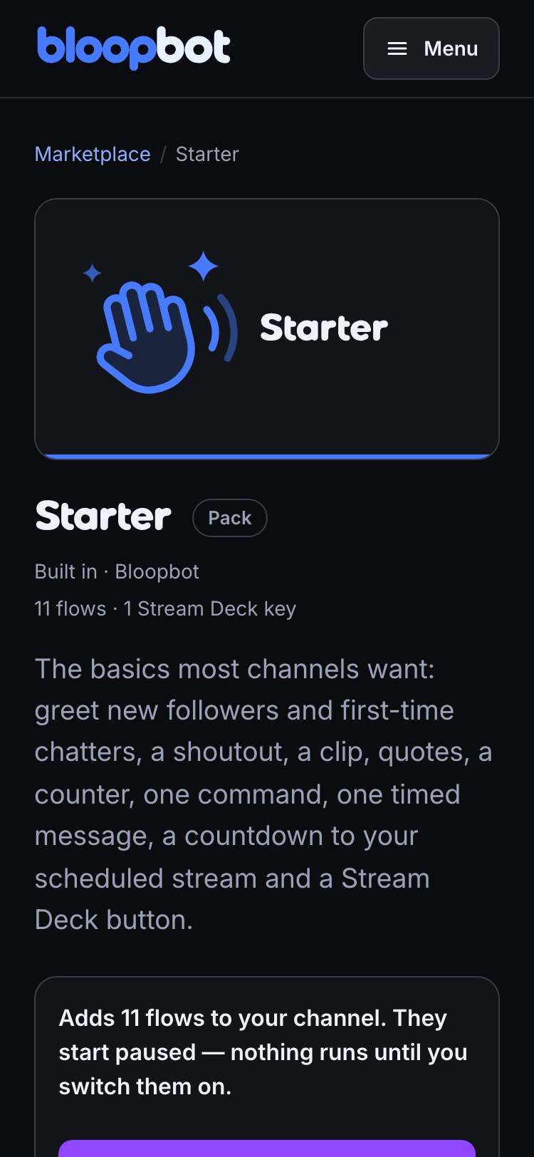 The Starter pack’s public page on a phone: the cover first, then its name and facts, then the review with Sign in with Twitch to add.