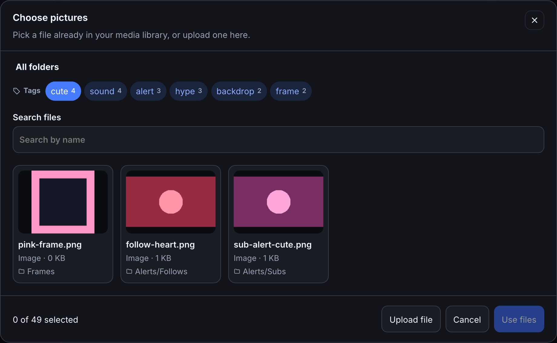 A Choose pictures picker with the cute tag chosen, so the trail reads All folders: pink-frame.png in Frames, follow-heart.png in Alerts/Follows and sub-alert-cute.png in Alerts/Subs, with Upload file, Cancel and Use files under them.