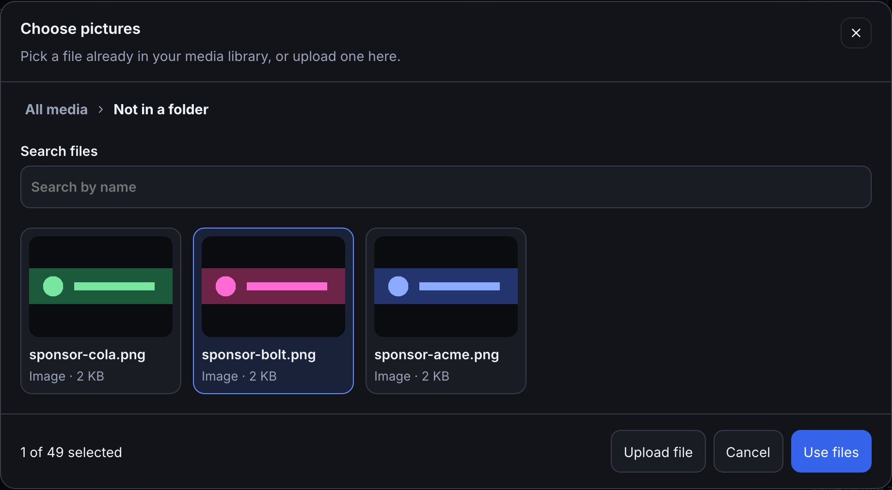 The shared media picker in the overlay editor at All media › Not in a folder, with a name search, three sponsor pictures, one selected picture and a Use files button.