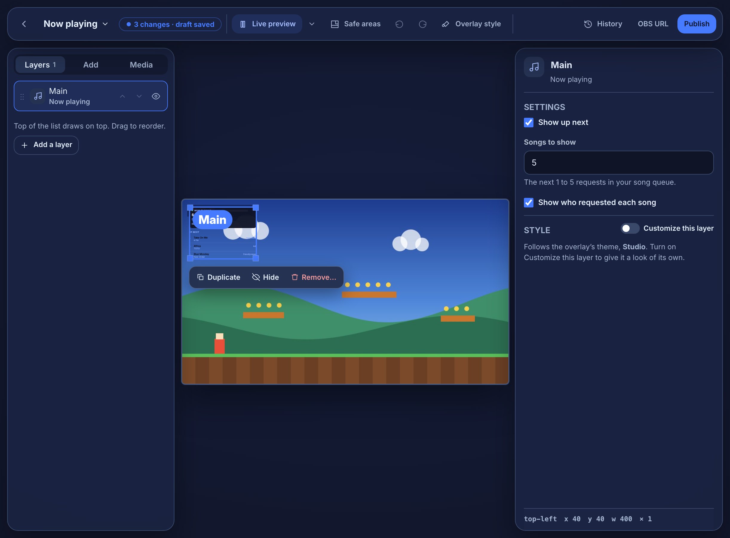 The overlay editor for an overlay called Now playing: the Layers tab lists one Now playing layer, the canvas draws the panel with the track and its Up next list over a sample game backdrop with the layer selected and its toolbar below it, and the settings panel shows Show up next ticked, Songs to show set to 5, Show who requested each song ticked, and a Style section that follows the overlay’s theme.