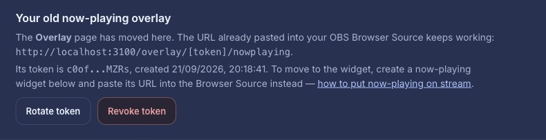 The card on a channel’s Widgets page headed “Your old now-playing overlay”: the Overlay page has moved, the URL already in an OBS Browser Source still works, the token is shown masked, and Rotate token and Revoke token sit beside a link to how to put now-playing on stream.