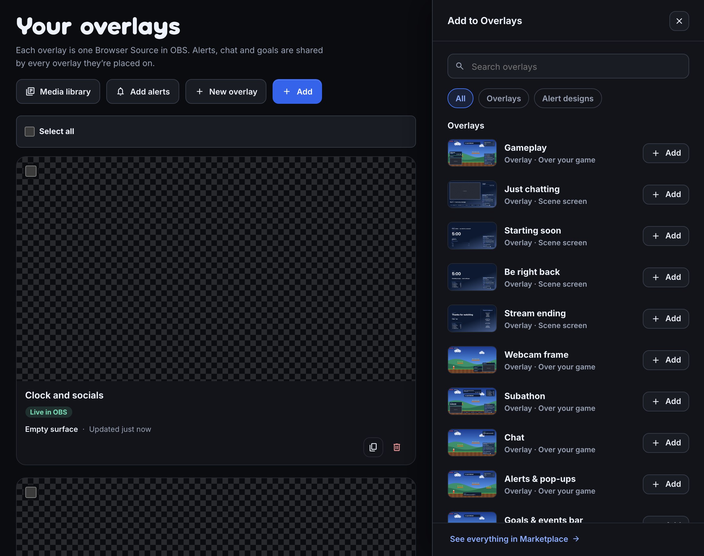 Your overlays with Add to Overlays docked on the right: Search overlays, the All, Overlays and Alert designs filters, then the ready-made overlays, each with a picture of its layout and Add: Gameplay, Webcam frame, Subathon, Chat and Alerts & pop-ups reading Overlay · Over your game, and Just chatting, Starting soon, Be right back and Stream ending reading Overlay · Scene screen.