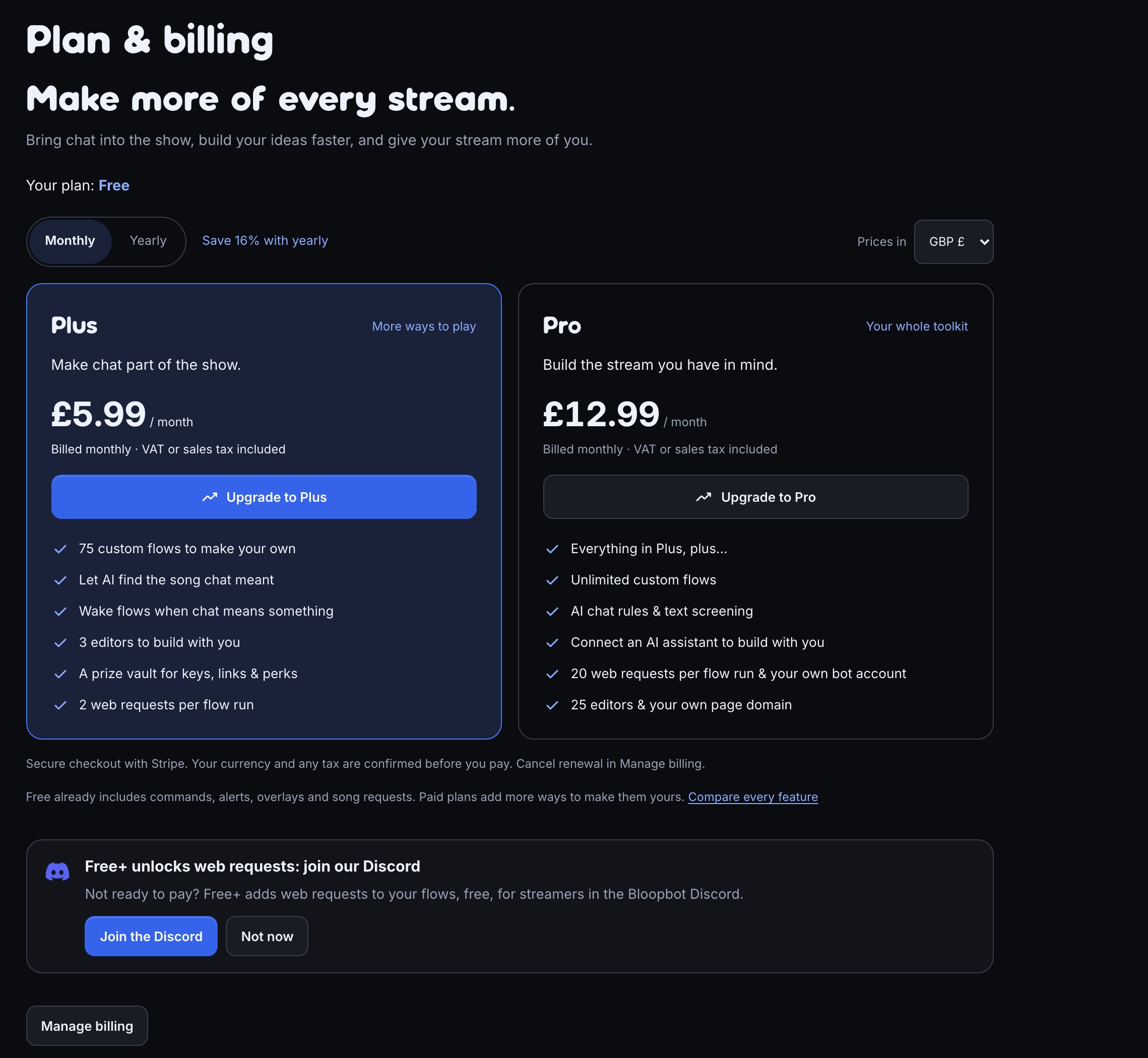 The Plan & billing page on Free, headed Make more of every stream: comparing Plus and Pro benefits and monthly prices, yearly savings, a currency preview and Upgrade to Plus and Pro actions, then a Discord card: Free+ unlocks web requests: join our Discord, with Join the Discord and Not now.