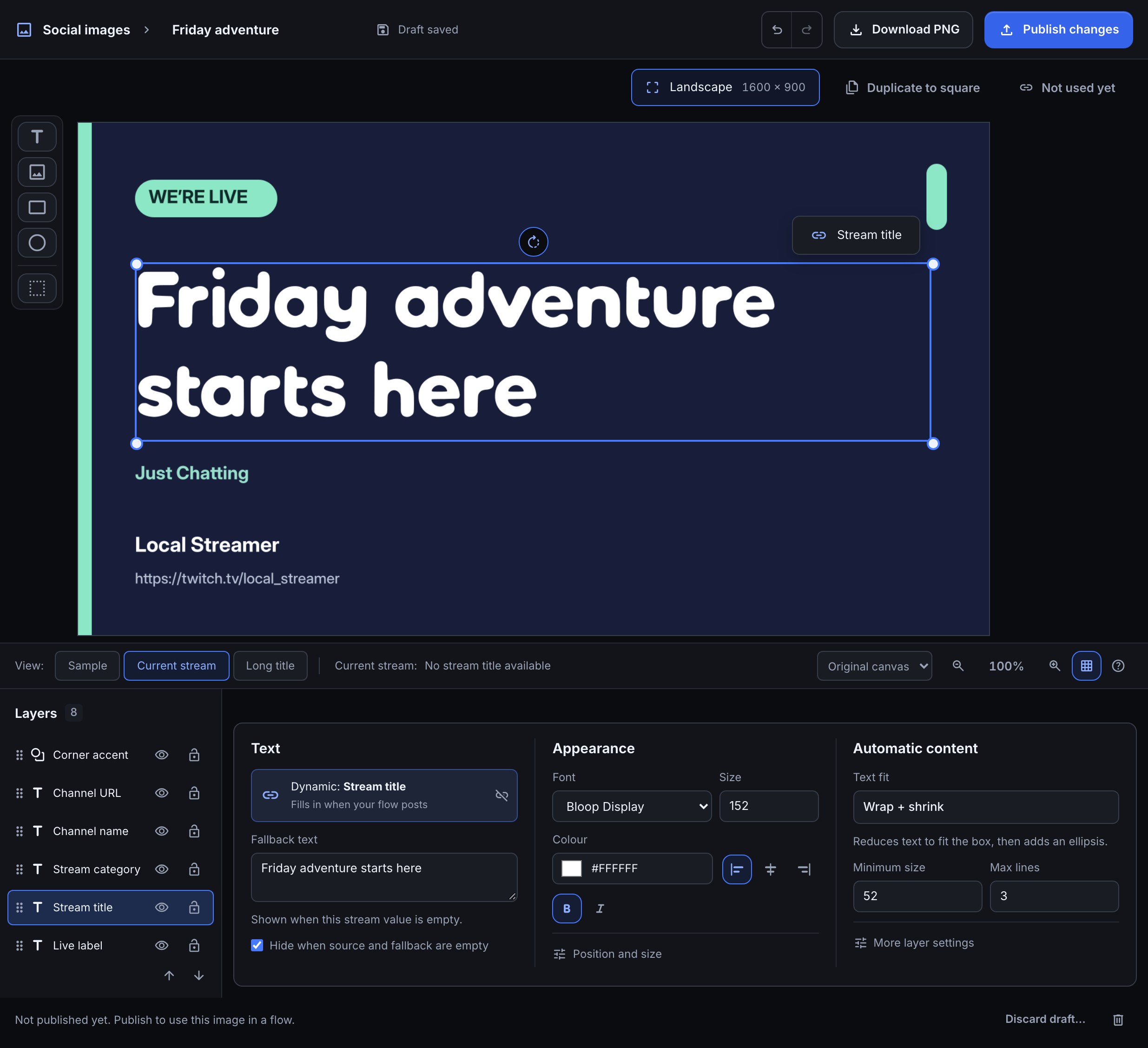 The Friday adventure Social image editor with its Stream title layer selected, Friday adventure starts here as fallback text, Current stream preview, Layers and text properties, and Publish changes.