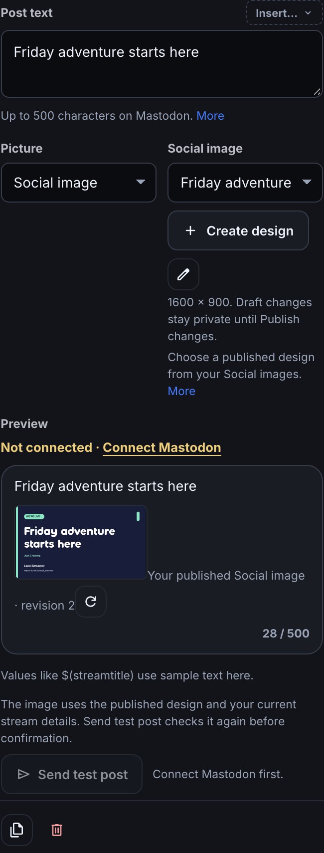 The Mastodon step with Picture set to Social image, Friday adventure selected and its actual published image preview with revision 2, while the account is not connected.