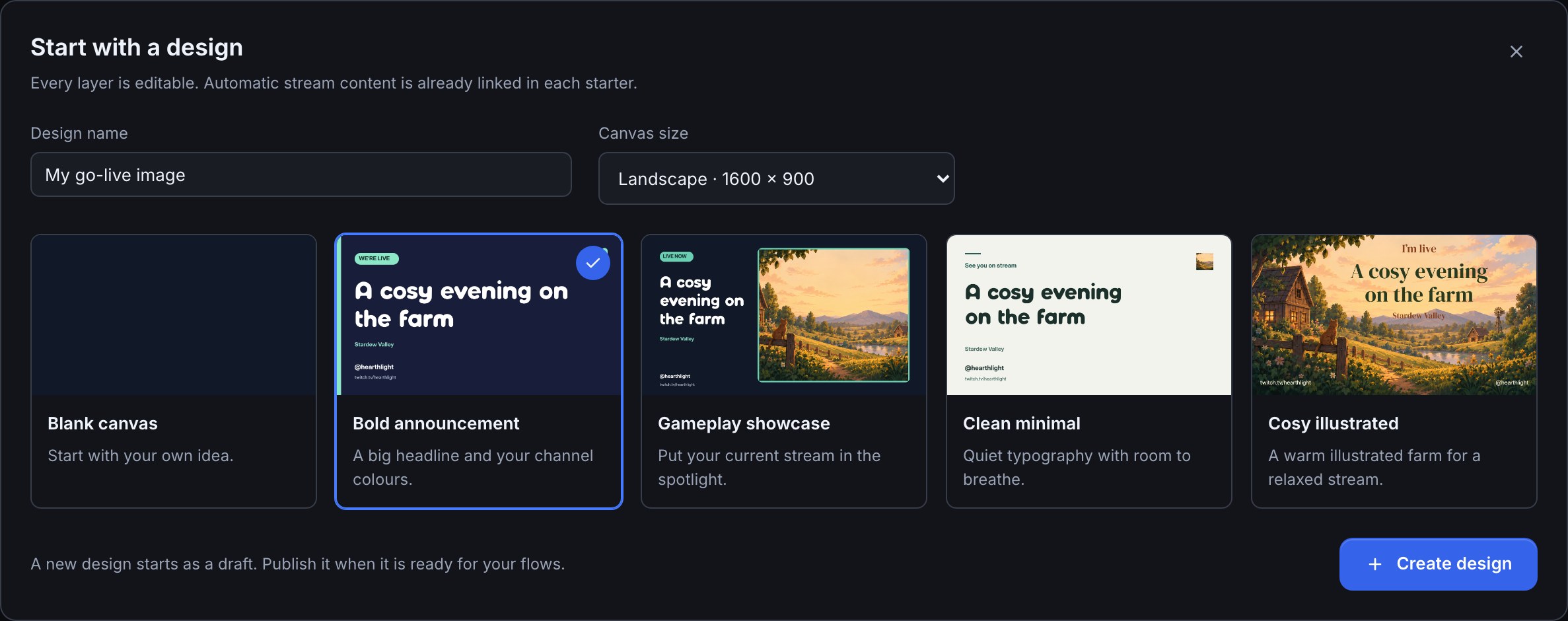 The Social images creation form with Design name, Landscape canvas size and five real starter previews: Blank canvas, selected Bold announcement, Gameplay showcase, Clean minimal and Cosy illustrated, above Create design.