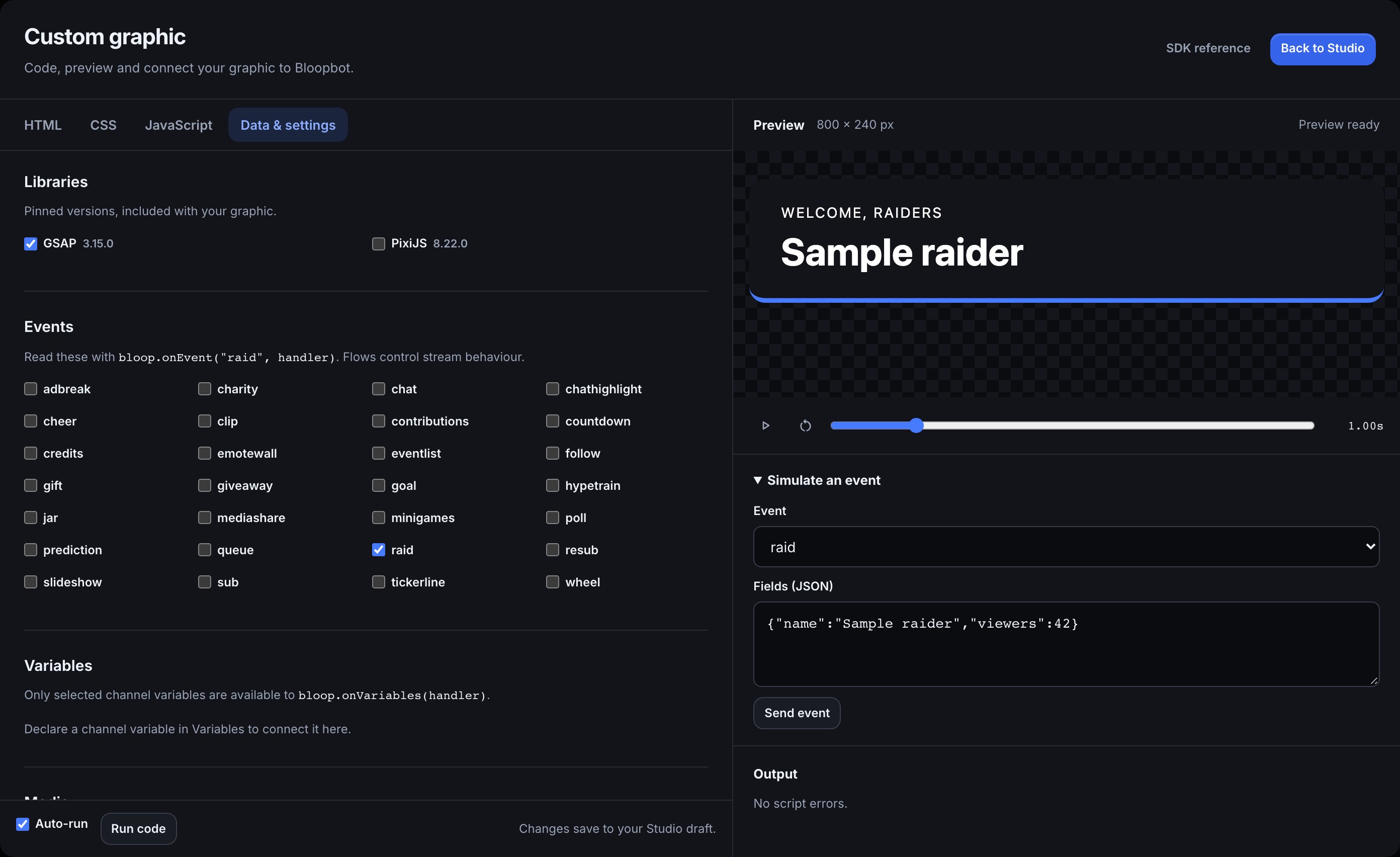 The custom graphic’s Data and settings tab shows bundled GSAP and PixiJS, permitted events and variable bindings beside the preview.