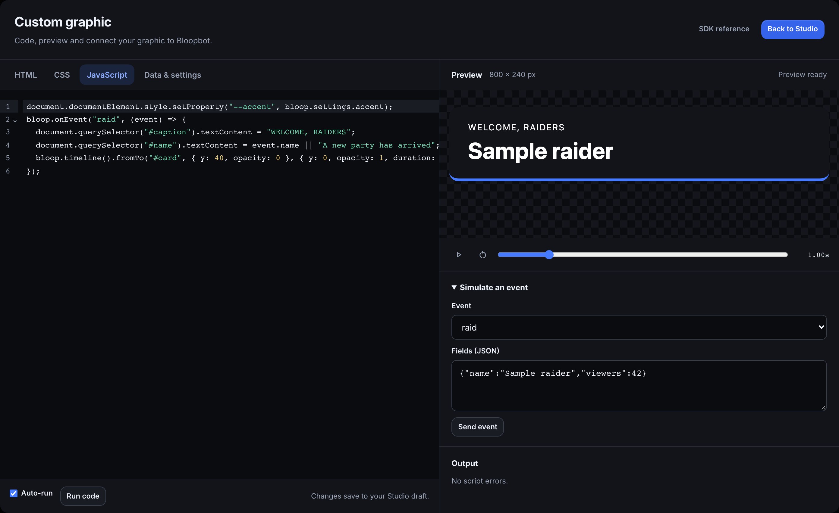 Studio’s expanded code workspace with JavaScript on the left and a raid card, playback and event simulation on the right.