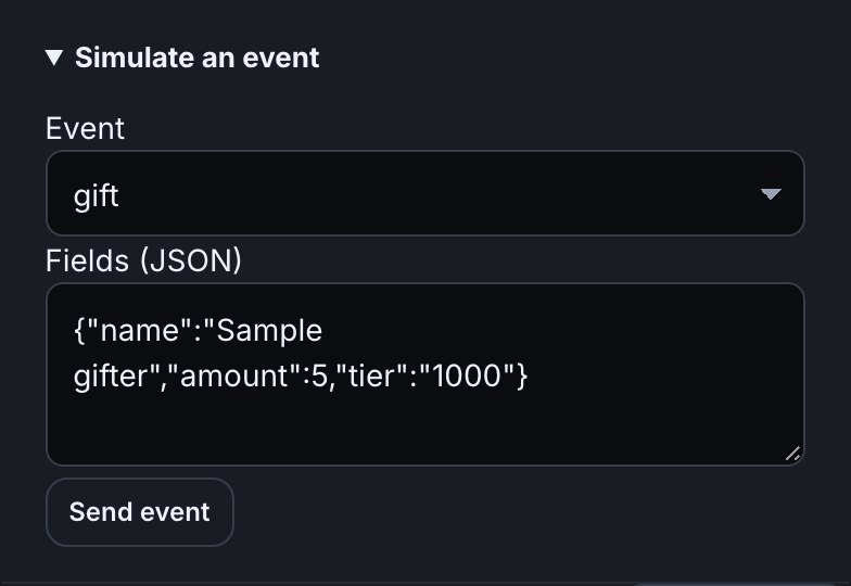 Studio’s Simulate panel has gift selected and editable name, amount and tier sample JSON ready to send to the custom graphic on the canvas.