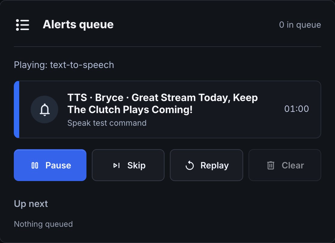 The Live page’s Alerts queue card playing a spoken message, labelled TTS, the voice and the first words, with Skip and Replay.