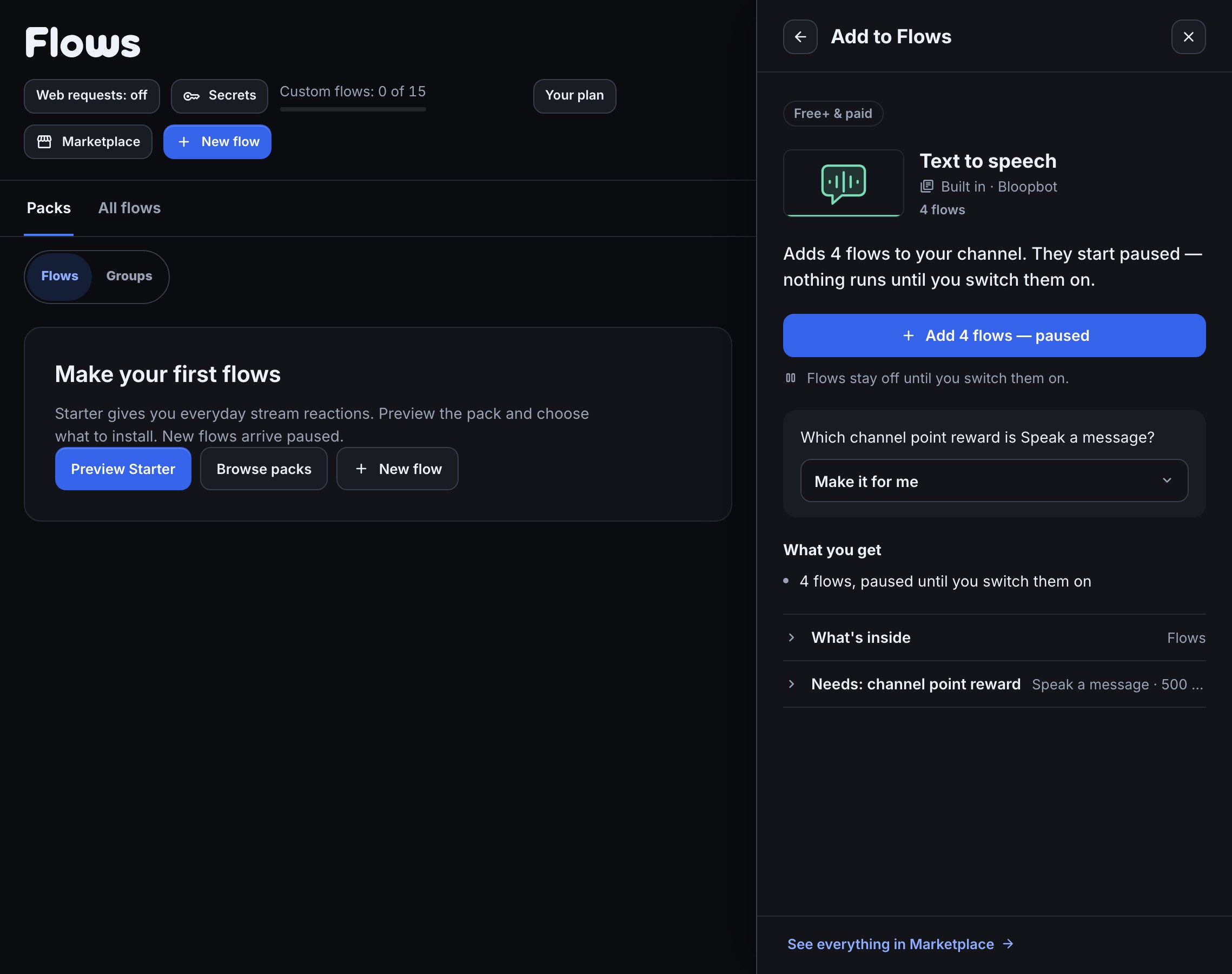 The Text to speech pack in Add to Flows: its review says it adds four flows, and the Speak a message reward is made for you, with Make it for me chosen.