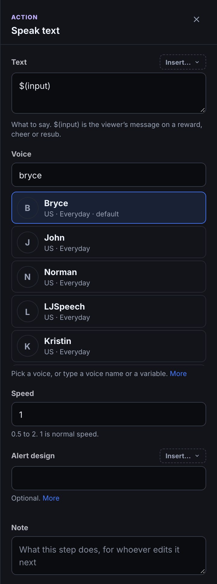 The Speak text step’s inspector: Text, Voice with the list of voices, each with a picture, a name, a region and a category, Speed and Alert design.