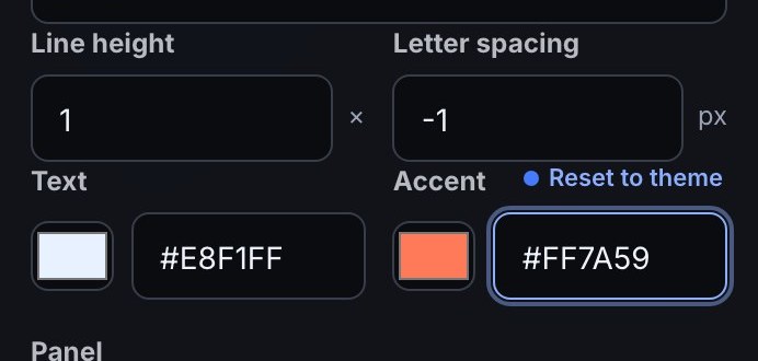 A layer’s Text and Accent fields: Text follows the theme at #E8F1FF, and Accent is changed on this layer to #FF7A59, with a dot and Reset to theme above it.
