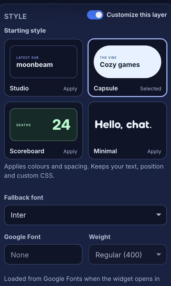 A layer’s Style section with Customize this layer switched on: the layer’s own starting styles Studio, Capsule (selected), Scoreboard and Minimal, the line “Applies colours and spacing. Keeps your text, position and custom CSS.”, then Fallback font, Google Font and Weight.