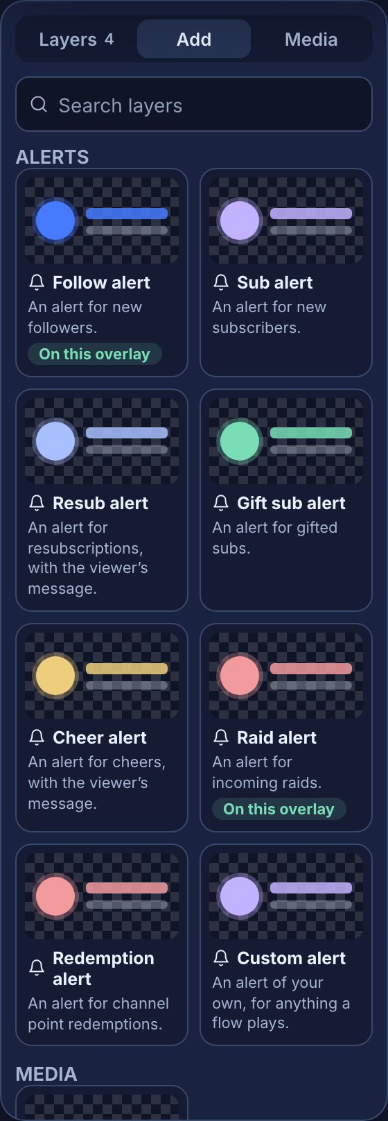 The Add tab: a Search layers box, then the Alerts group, one card per alert type with a drawn preview — Follow alert and Raid alert marked On this overlay, Sub, Resub, Gift sub, Cheer, Redemption and Custom alert — and the Media group starting below.