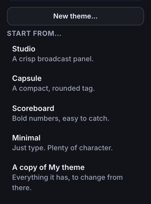 New theme… opened to Start from…: Studio (A crisp broadcast panel), Capsule (A compact, rounded tag), Scoreboard (Bold numbers, easy to catch), Minimal (Just type. Plenty of character.) and A copy of the theme that is open.