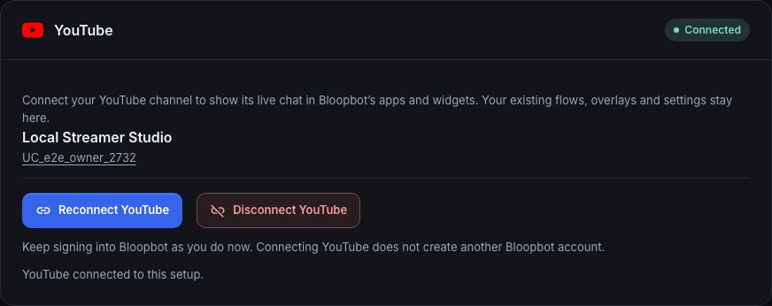 YouTube under Connections with the sample Local Streamer Studio channel connected, its channel ID, and Reconnect YouTube and Disconnect YouTube controls